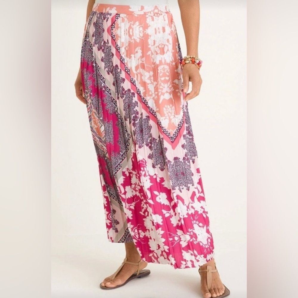 Chico’s Mixed Print Pleated Maxi Skirt | Colorful Boho Floral Size 1 (Med)